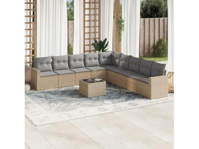 10-delige Loungeset met kussens poly rattan beige