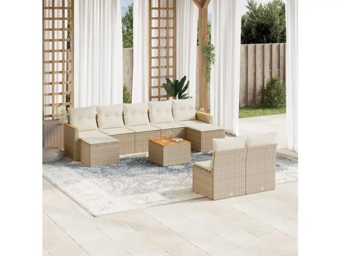 10-delige Loungeset met kussens poly rattan beige