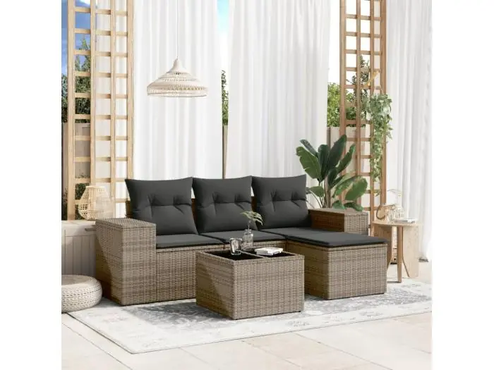 5-delige Loungeset met kussens poly rattan grijs