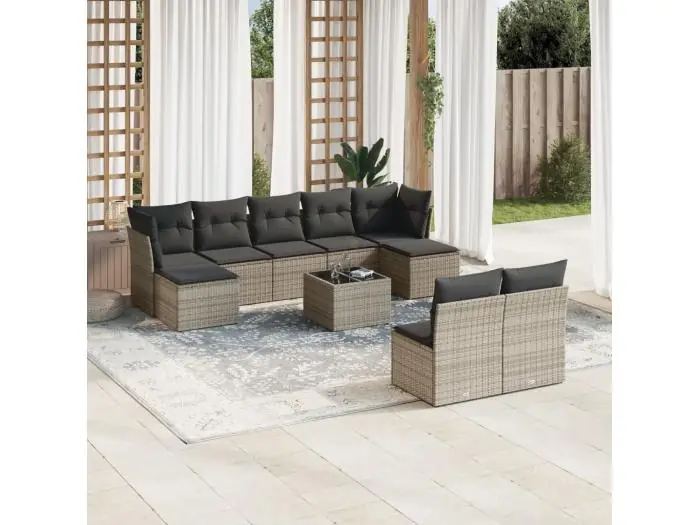 10-delige Loungeset met kussens poly rattan grijs