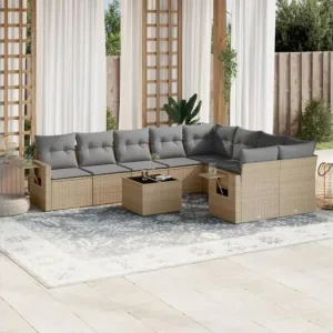 10-delige Loungeset met kussens poly rattan beige
