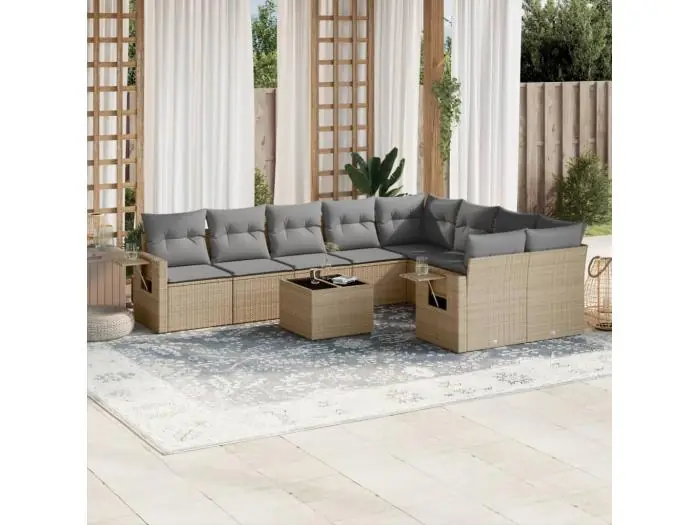 10-delige Loungeset met kussens poly rattan beige