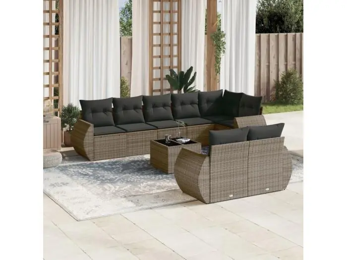 9-delige Loungeset met kussens poly rattan grijs