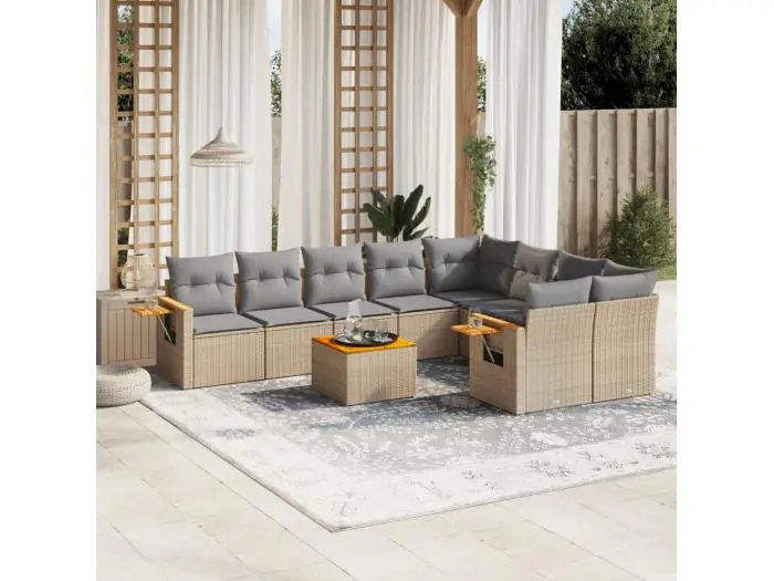 10-delige Loungeset met kussens poly rattan beige