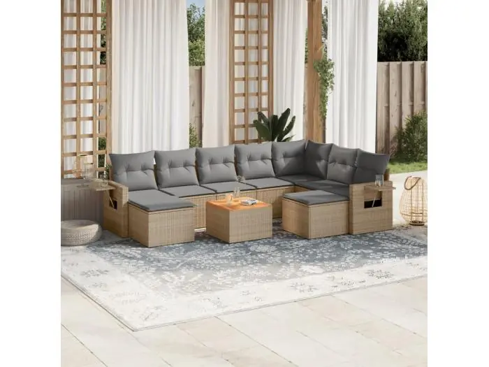 10-delige Loungeset met kussens poly rattan beige
