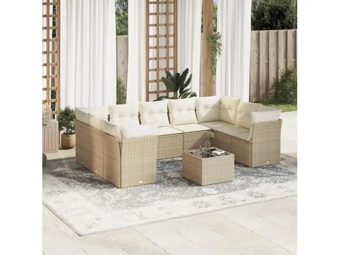 10-delige Loungeset met kussens poly rattan beige