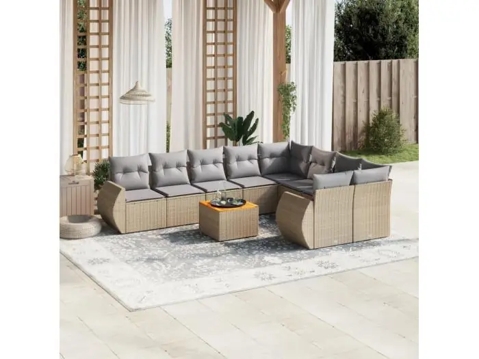 10-delige Loungeset met kussens poly rattan beige
