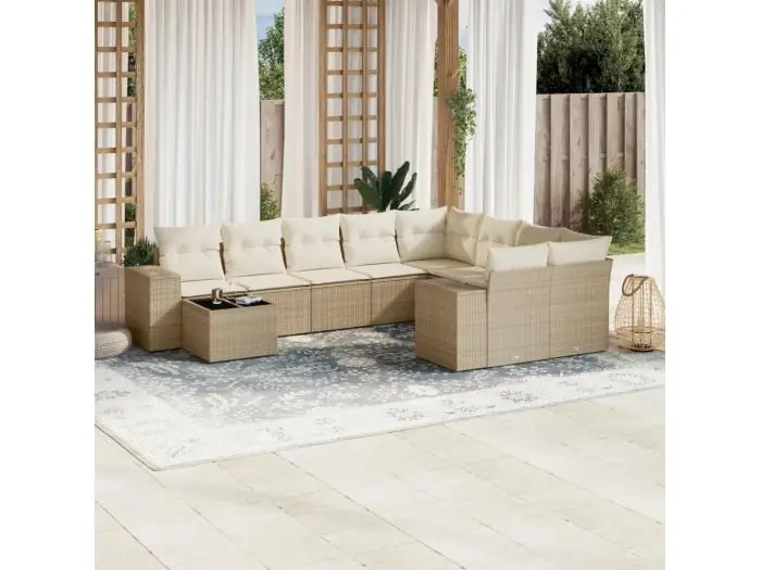 10-delige Loungeset met kussens poly rattan beige