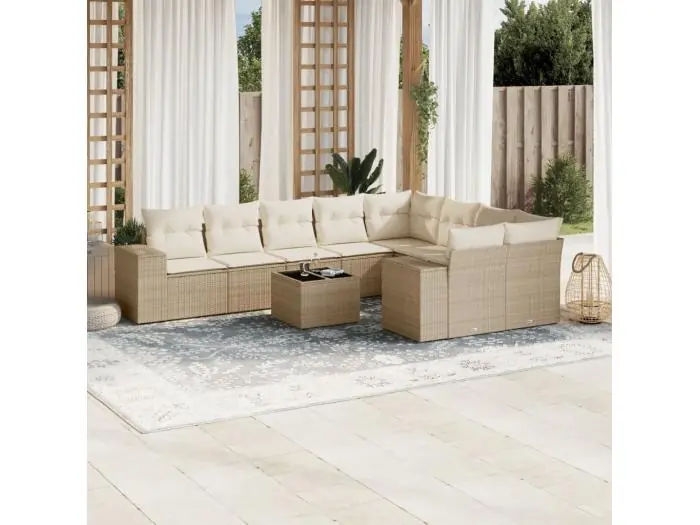 10-delige Loungeset met kussens poly rattan beige