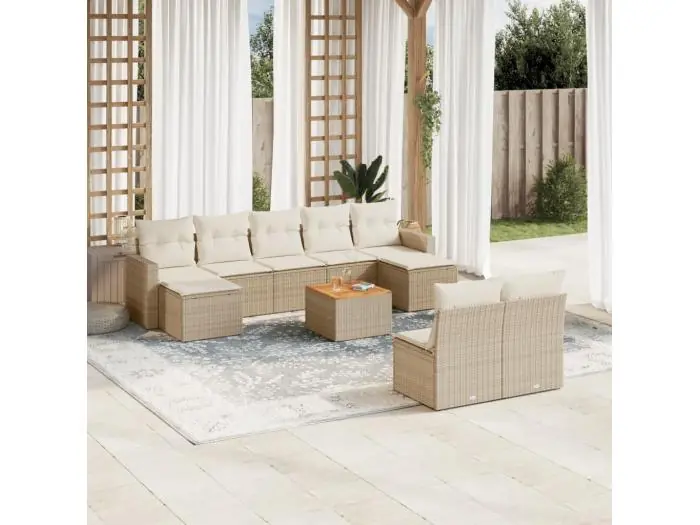 10-delige Loungeset met kussens poly rattan beige