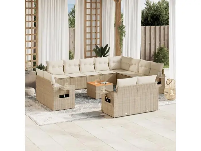 13-delige Loungeset met kussens poly rattan beige