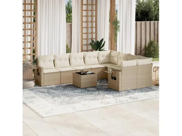 10-delige Loungeset met kussens poly rattan beige