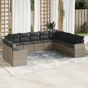 10-delige Loungeset met kussens poly rattan grijs