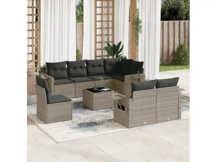 9-delige Loungeset met kussens poly rattan grijs