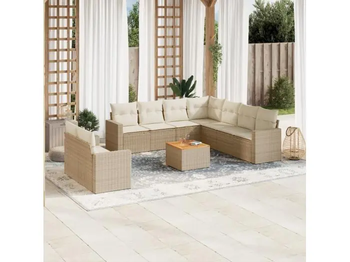 10-delige Loungeset met kussens poly rattan beige