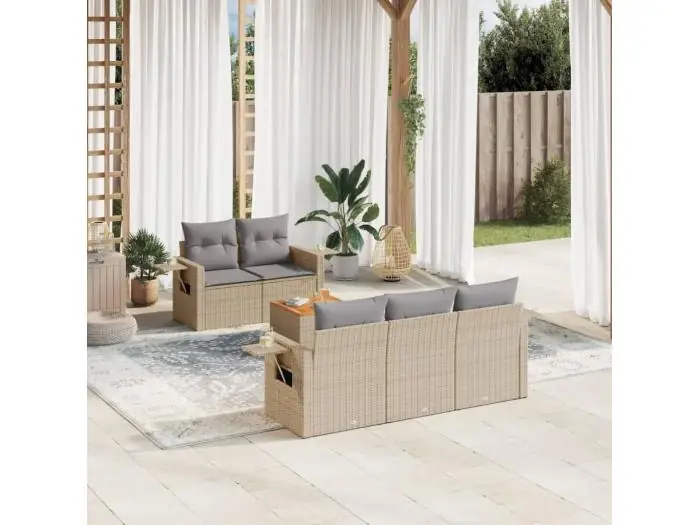 6-delige Loungeset met kussens poly rattan gemengd beige