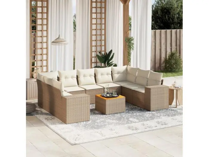 10-delige Loungeset met kussens poly rattan beige