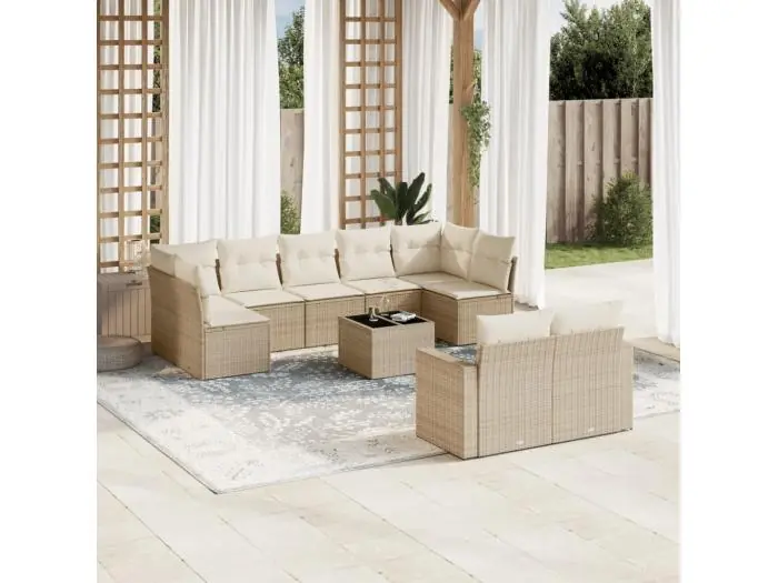 10-delige Loungeset met kussens poly rattan beige
