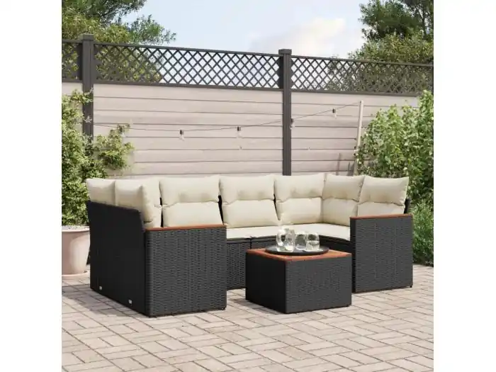 7-delige Loungeset met kussens poly rattan zwart