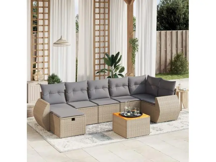 8-delige Loungeset met kussens poly rattan gemengd beige
