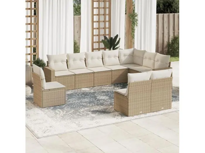 10-delige Loungeset met kussens poly rattan beige