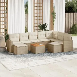 10-delige Loungeset met kussens poly rattan beige