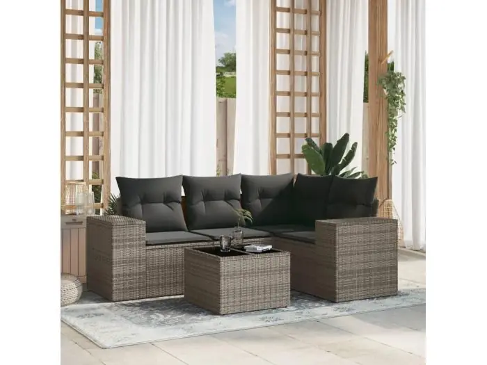 5-delige Loungeset met kussens poly rattan grijs