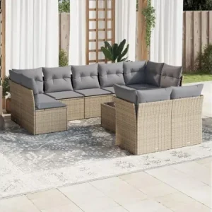 10-delige Loungeset met kussens poly rattan beige