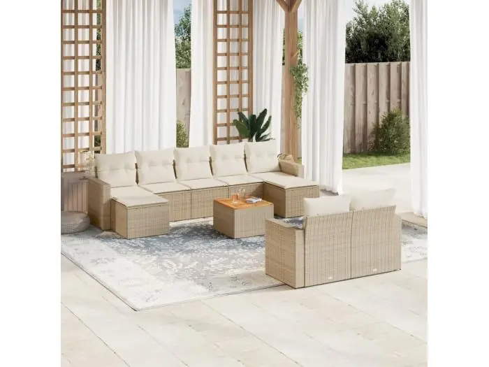 10-delige Loungeset met kussens poly rattan beige