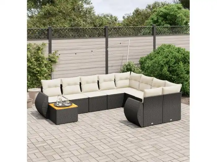 10-delige Loungeset met kussens poly rattan zwart
