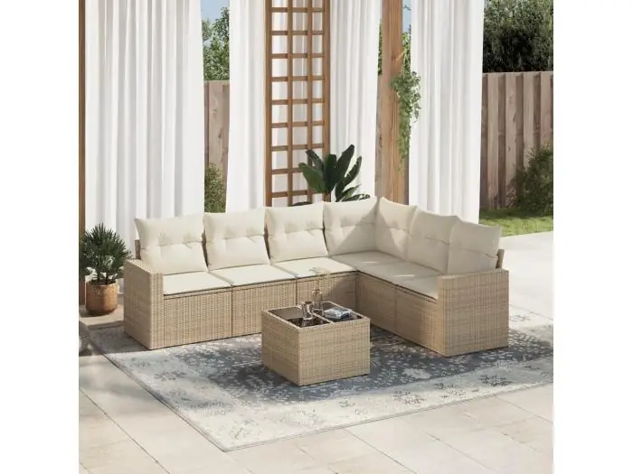 7-delige Loungeset met kussens poly rattan beige