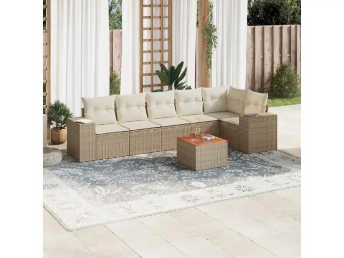 7-delige Loungeset met kussens poly rattan beige