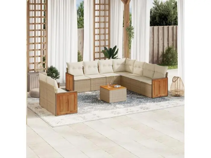 10-delige Loungeset met kussens poly rattan beige