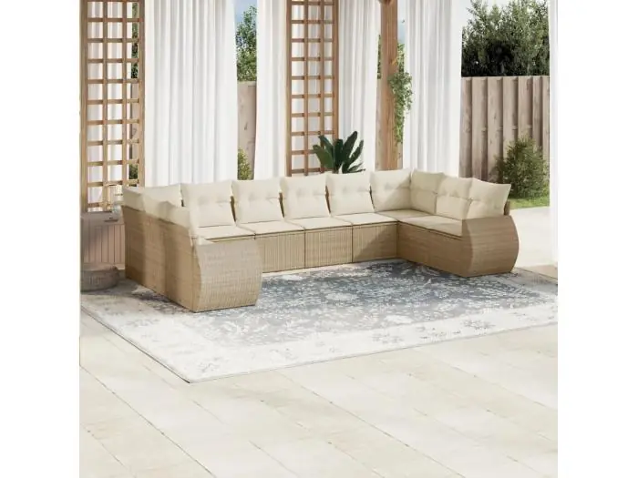 10-delige Loungeset met kussens poly rattan beige