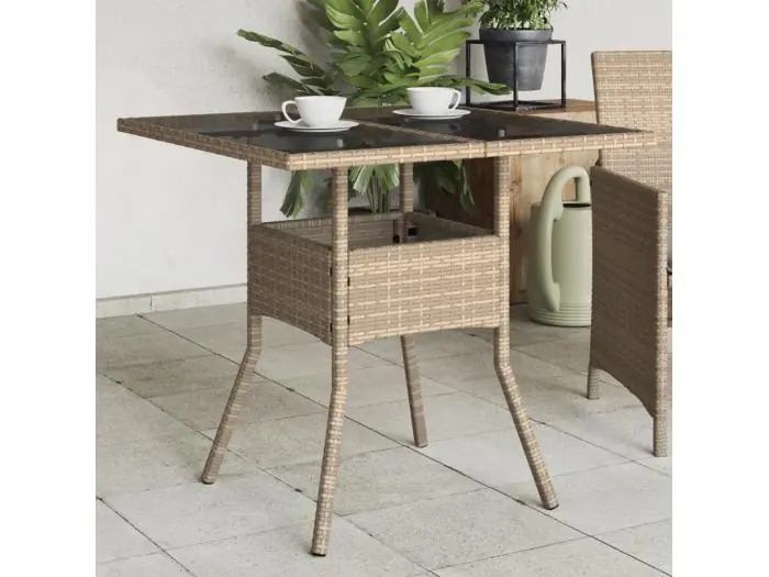 Tuintafel met glazen blad 80x80x75 cm poly rattan beige
