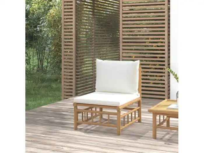 Tuinmiddenbank met kussens bamboe crèmewit