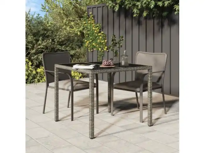Tuintafel 90x90x75 cm gehard glas en poly rattan grijs