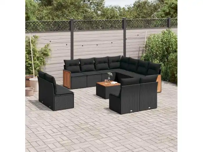 12-delige Loungeset met kussens poly rattan zwart