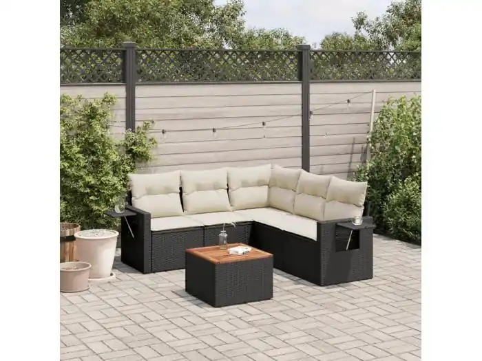 6-delige Loungeset met kussens poly rattan zwart