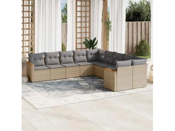 10-delige Loungeset met kussens poly rattan beige