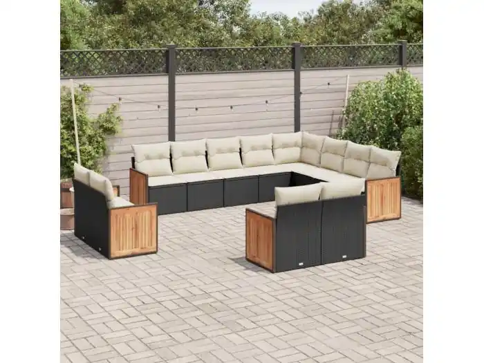 12-delige Loungeset met kussens poly rattan zwart