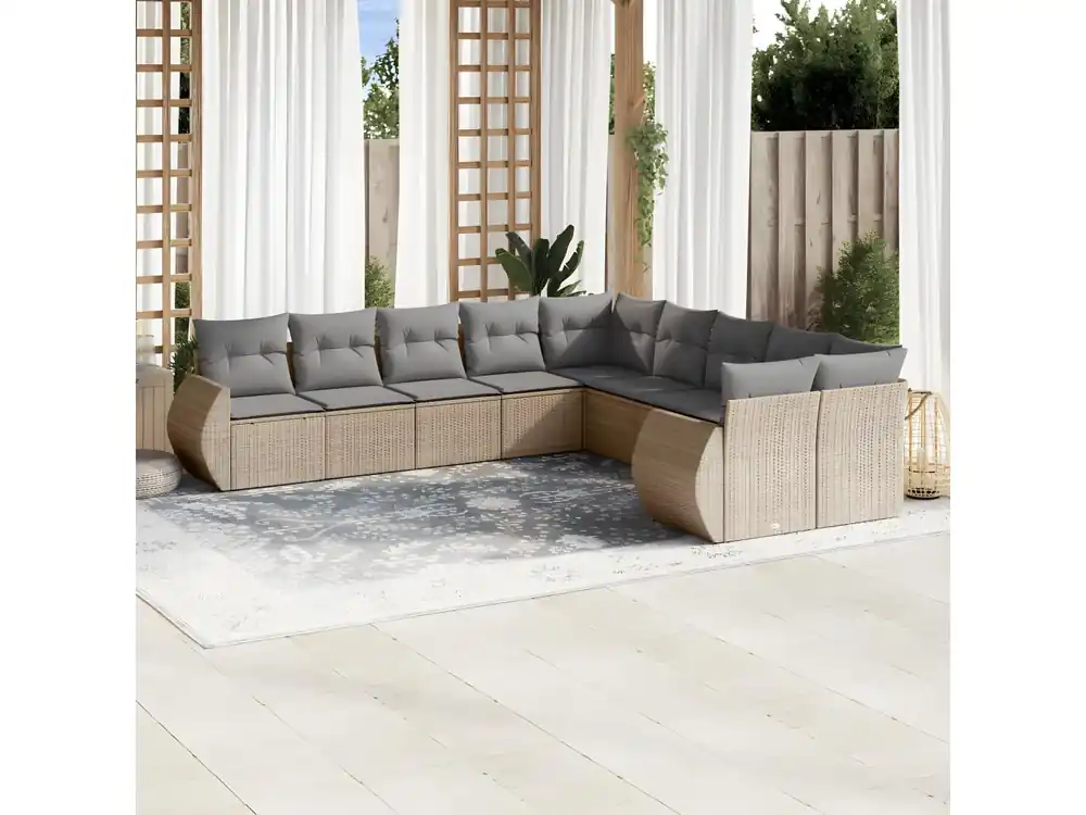 10-delige Loungeset met kussens poly rattan beige
