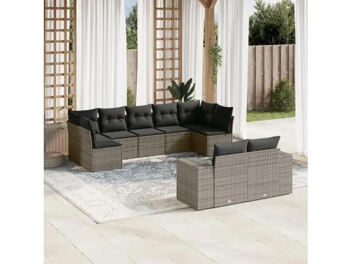 9-delige Loungeset met kussens poly rattan grijs