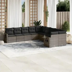 10-delige Loungeset met kussens poly rattan grijs
