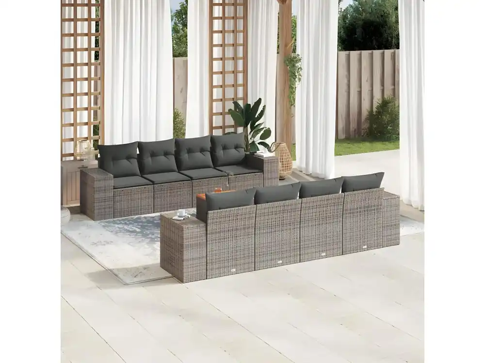 9-delige Loungeset met kussens poly rattan grijs