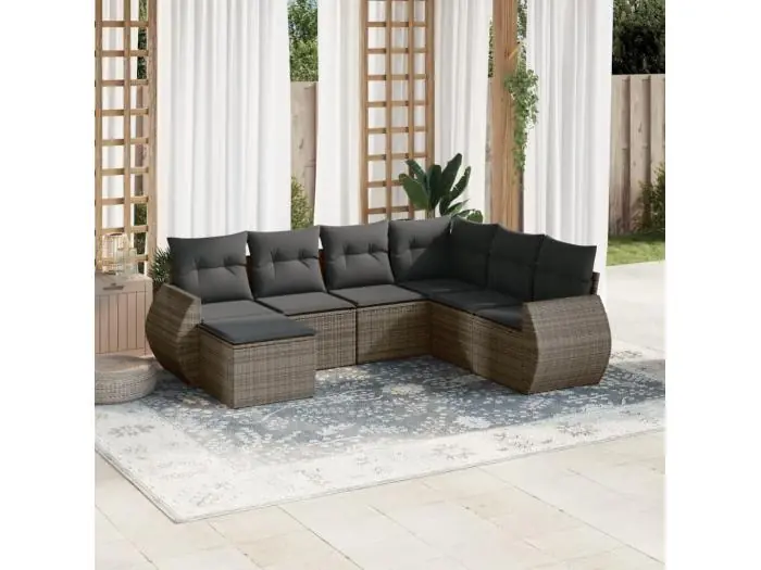 7-delige Loungeset met kussens poly rattan grijs