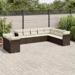 10-delige Loungeset met kussens poly rattan bruin