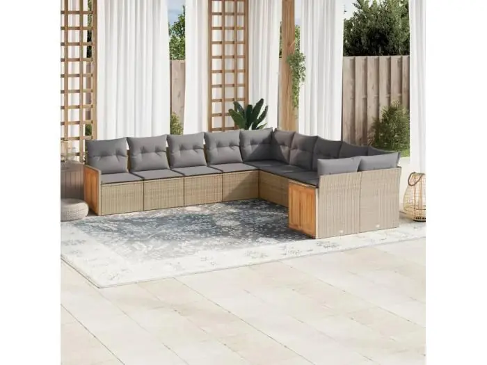 10-delige Loungeset met kussens poly rattan beige