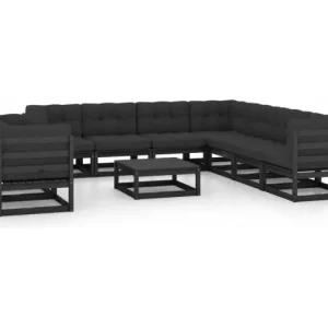 10-delige Loungeset met kussens massief grenenhout zwart
