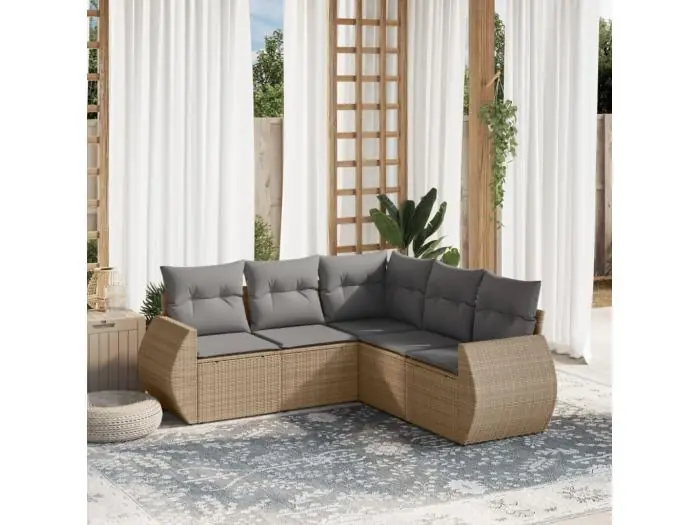 5-delige Loungeset met kussens poly rattan beige